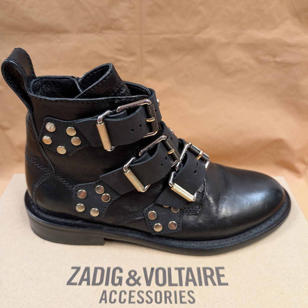 NWB Zadig & Voltaire Black Leather Laureen Triple Buckle Boots w. Box/Duster Bag
